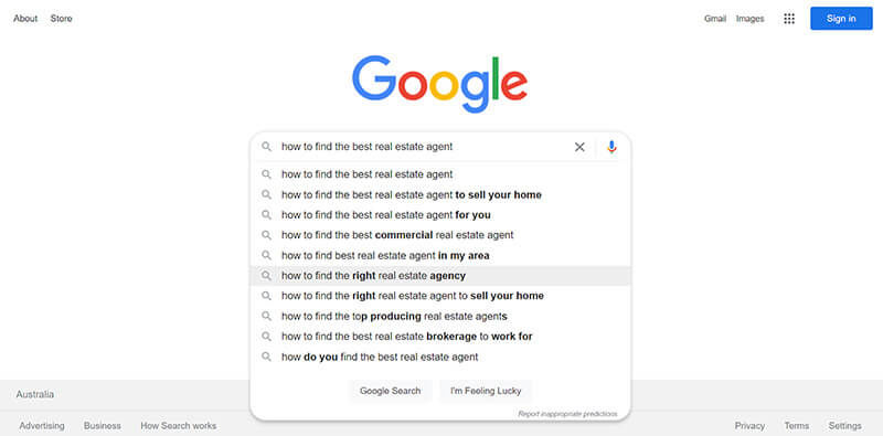 Screenshot of a Google search display its predictive results