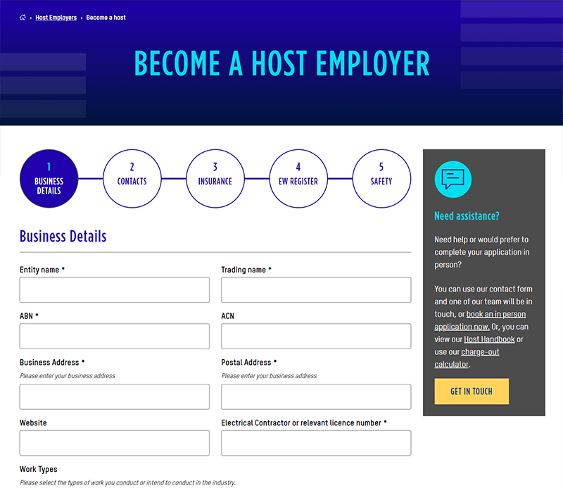 Screenshot of the host employer onboarding form on the EGT website
