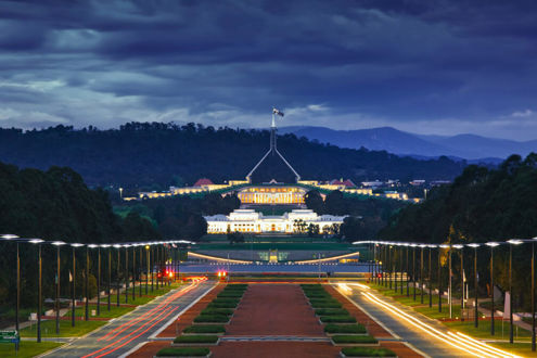 Parliament house in Canberra at night time