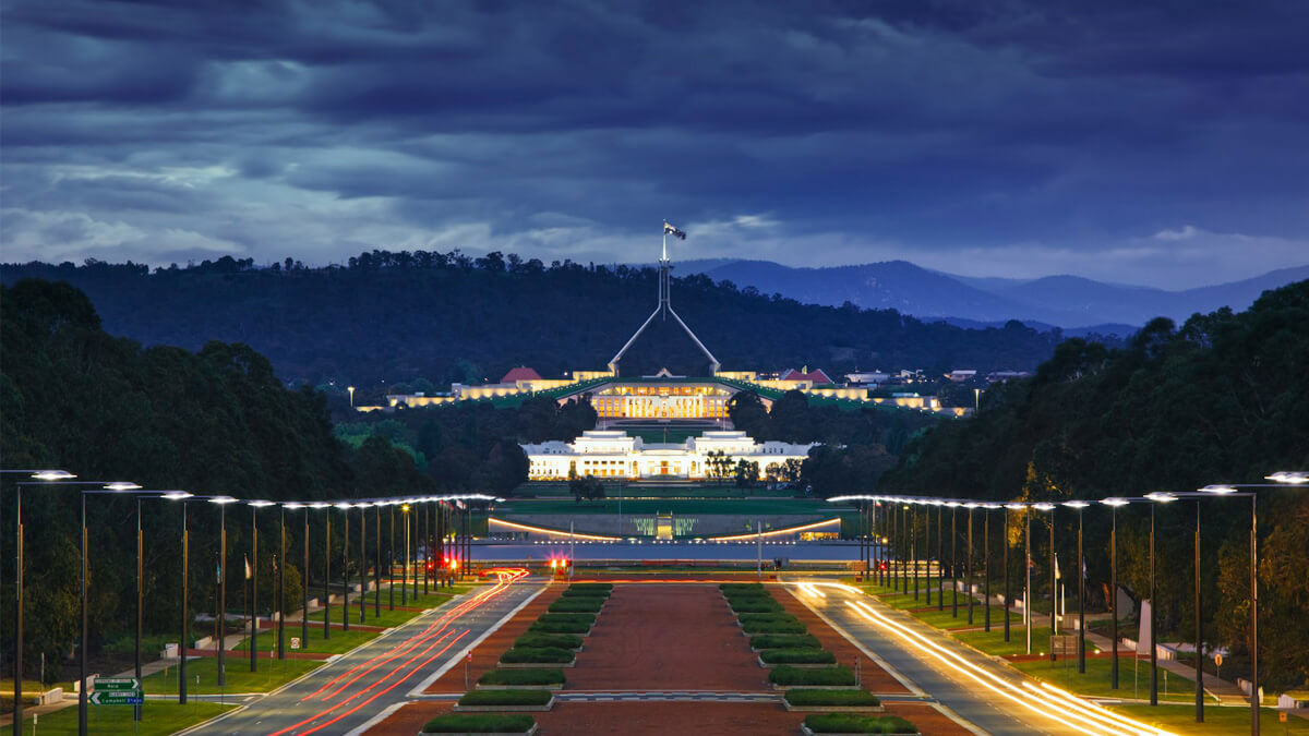 Parliament house in Canberra at night time