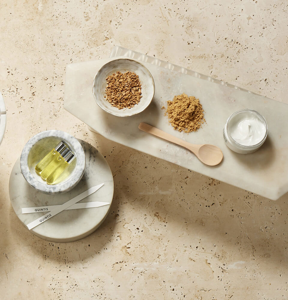 Quintis sandalwood products on a table