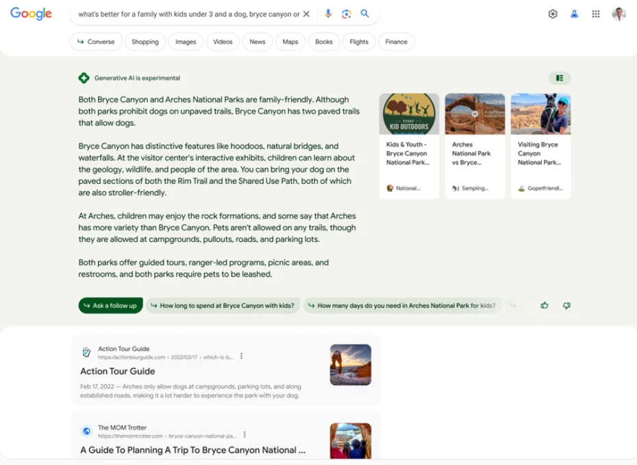 Screenshot of how Google's generative AI results would look