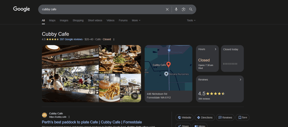 Cubby Cafe GMB screenshot