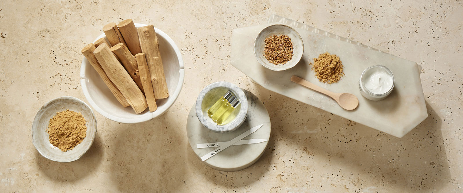 Quintis sandalwood products on a table