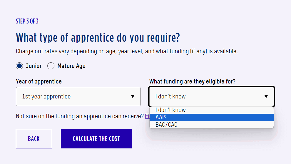 Screenshot of the EGT charge out calculator tool