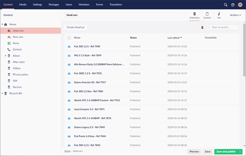 Screenshot of the Umbraco CMS with an example of how a used car dealership has been built